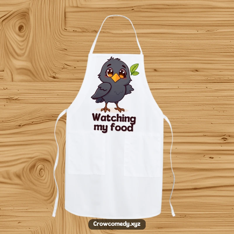 Funny crow character observing a fluttering leaf on a kitchen apron, adding a touch of nature.