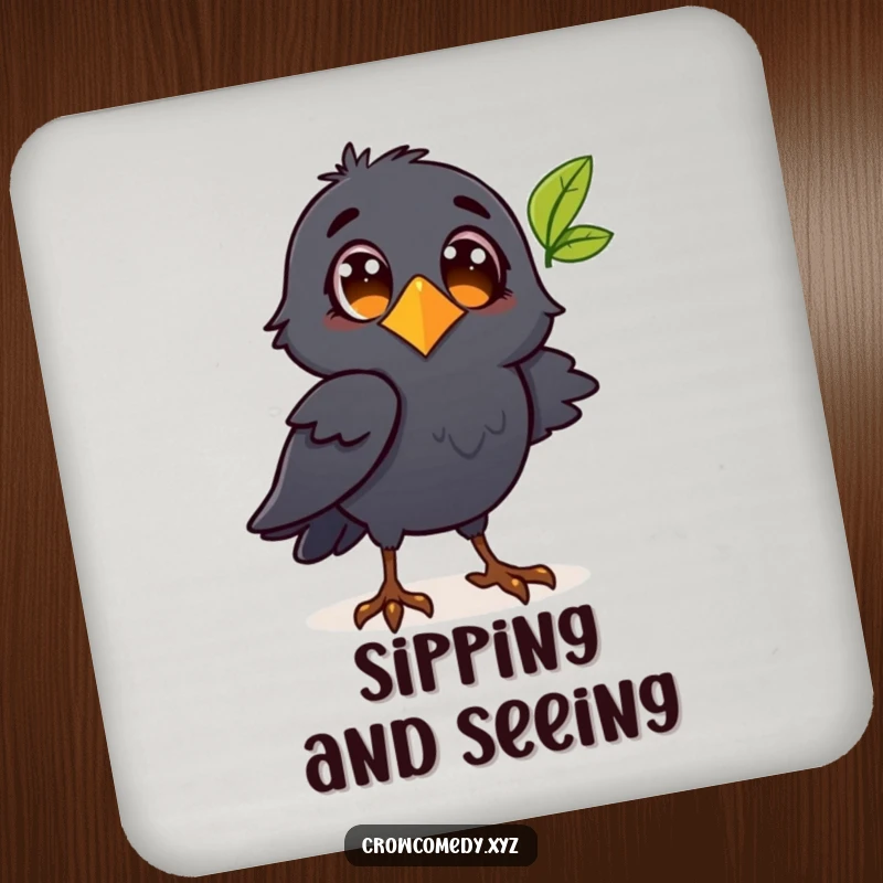 Funny crow character observing a leaf on a drink coaster, adding a touch of natural charm.