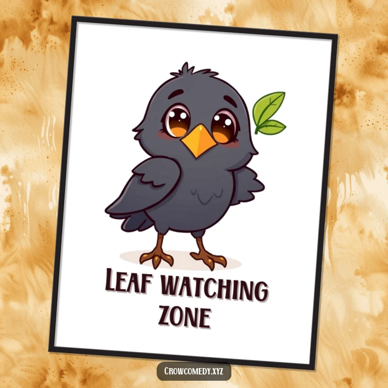 Funny crow character observing a fluttering leaf on a poster, bringing natural curiosity to your decor.