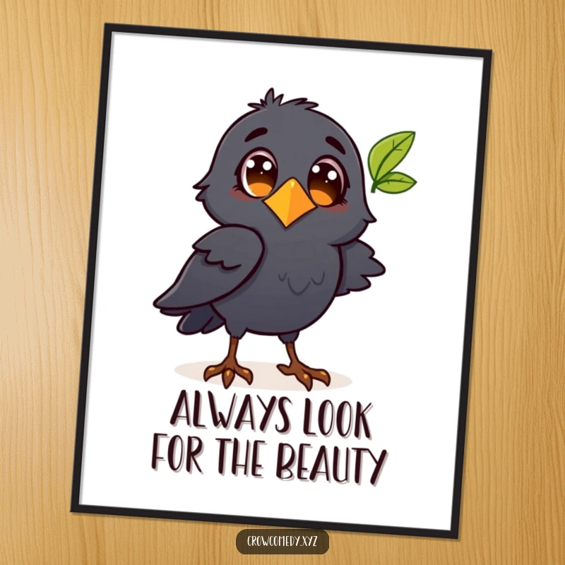 Funny Free Printable Wall Art: A curious crow character with wide eyes intently observing a single fluttering leaf in detail.
