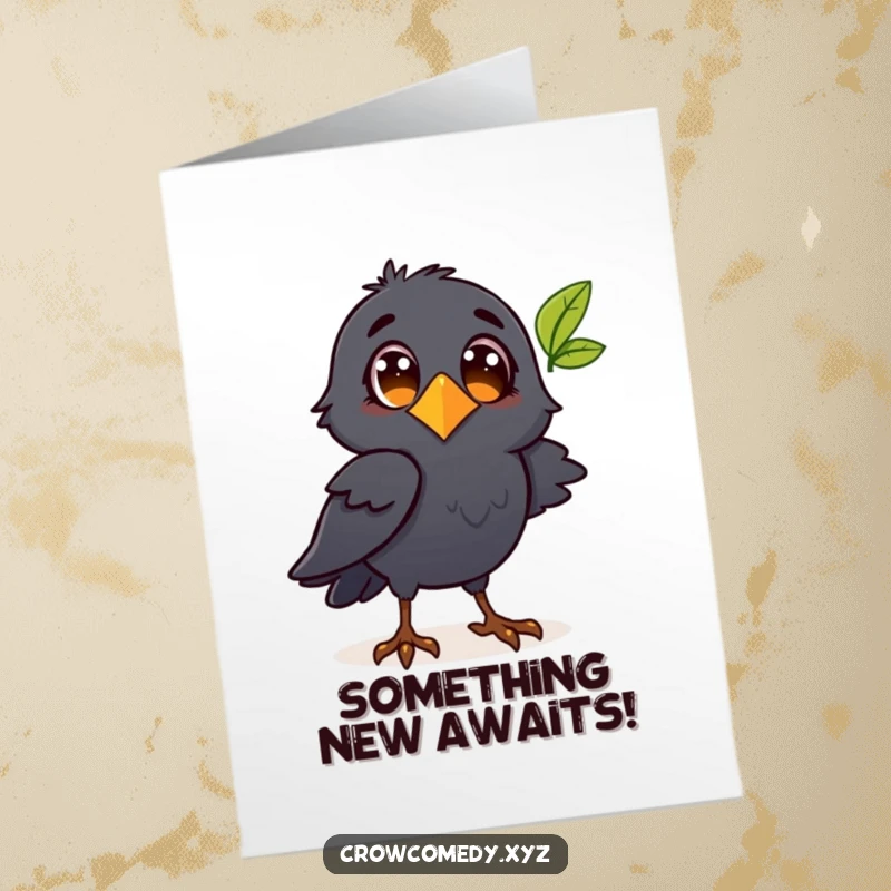 Funny Free Printable Birthday Card: A curious crow character with wide eyes intently observing a single fluttering leaf.