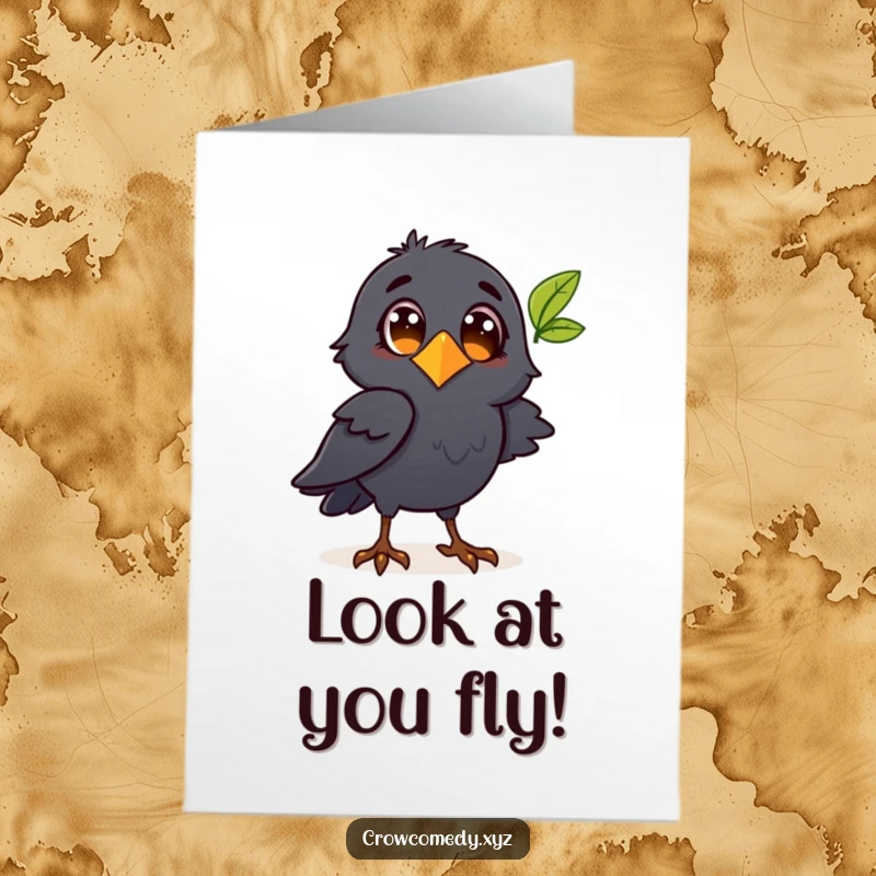 Funny Free Printable Congratulations Card: A curious crow character watching a leaf flutter, symbolizing observation and new beginnings.