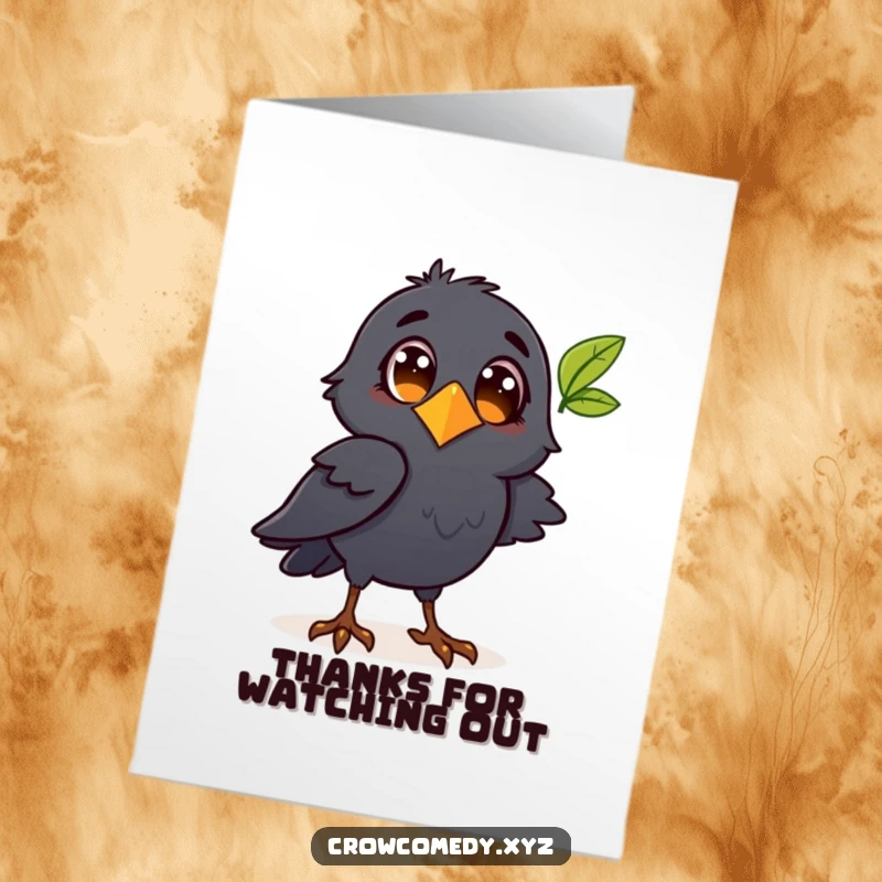 Funny Free Printable Thank You Card: A curious crow character with wide eyes observing a fluttering leaf, conveying quiet appreciation.