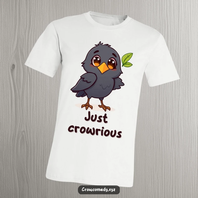 Funny crow character intently watching a leaf flutter on a t-shirt, symbolizing curiosity and nature appreciation.