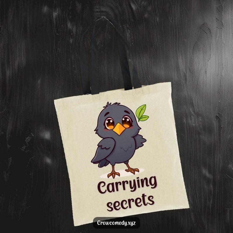 Funny crow character observing a fluttering leaf on a tote bag, perfect for carrying essentials with wonder.